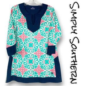 Simply Southern Cotton Teal Pink Navy Swirl Notch Neck Tunic Womens Size Small